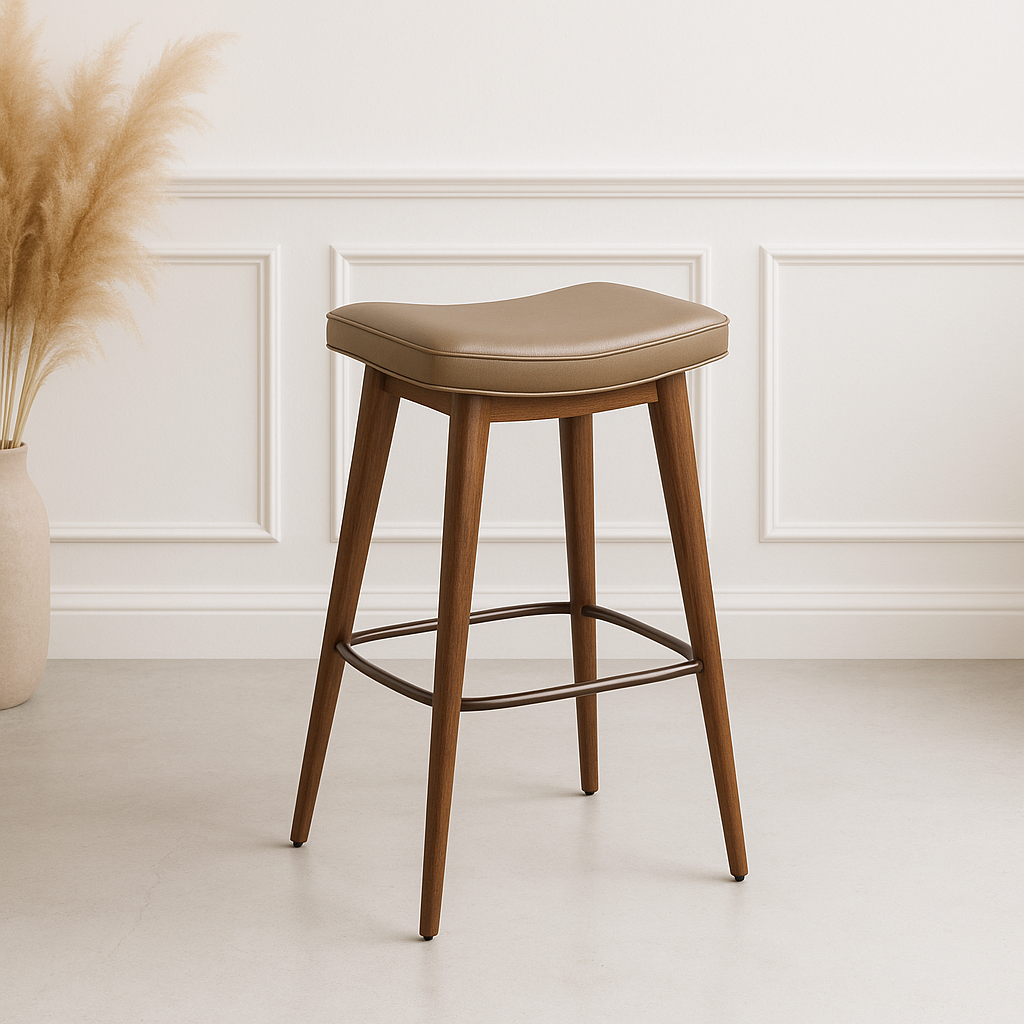 Premium Taupe & Walnut Bar Stools Set of 2 - Modern Kitchen Counter Height Chairs with Leather-Like Upholstery & Steel Base