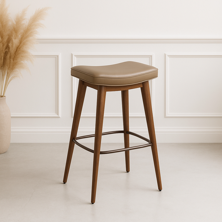 Premium Taupe & Walnut Bar Stools Set of 2 - Modern Kitchen Counter Height Chairs with Leather-Like Upholstery & Steel Base