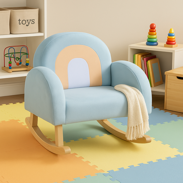 Premium Blue Velvet Toddler Rocking Chair with Solid Rubber Wood Frame - ASTM Certified Kids Furniture for Ages 0-5
