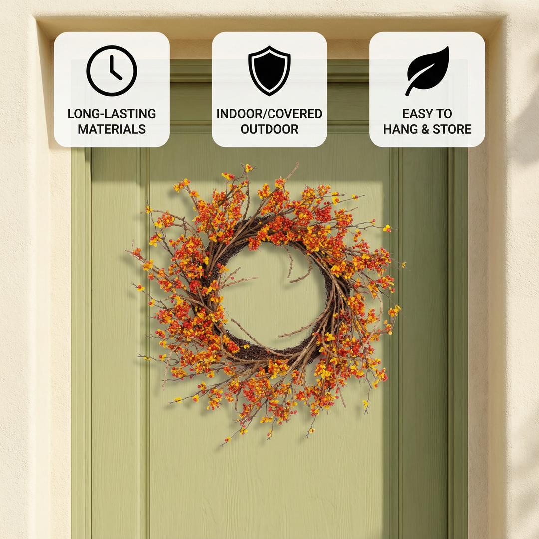 Brown Orange Red Berry & Twig Fall Wreath – 25" Traditional Autumn Door Decoration | Styrofoam Base Artificial Wreath | Trufairs