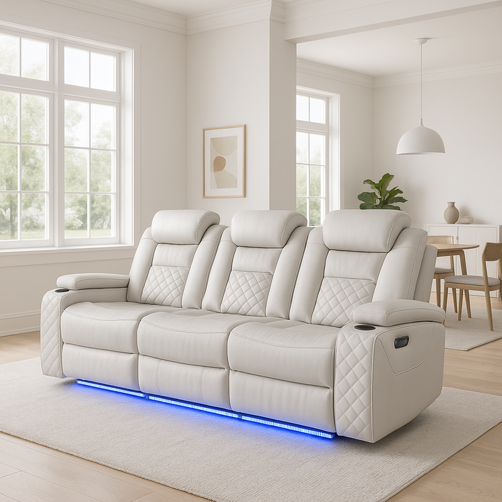 Benz LED Power Reclining Sofa – Ice White Faux Leather, Modern Tech Comfort