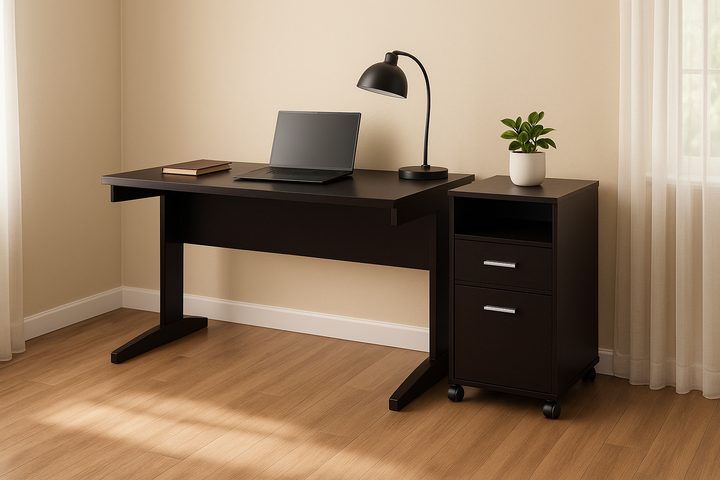 Home office desk with modesty panel and detached file cabinet on locking wheels with two drawers file drawer cubby shelf metal bar handle Red Cocoa color
