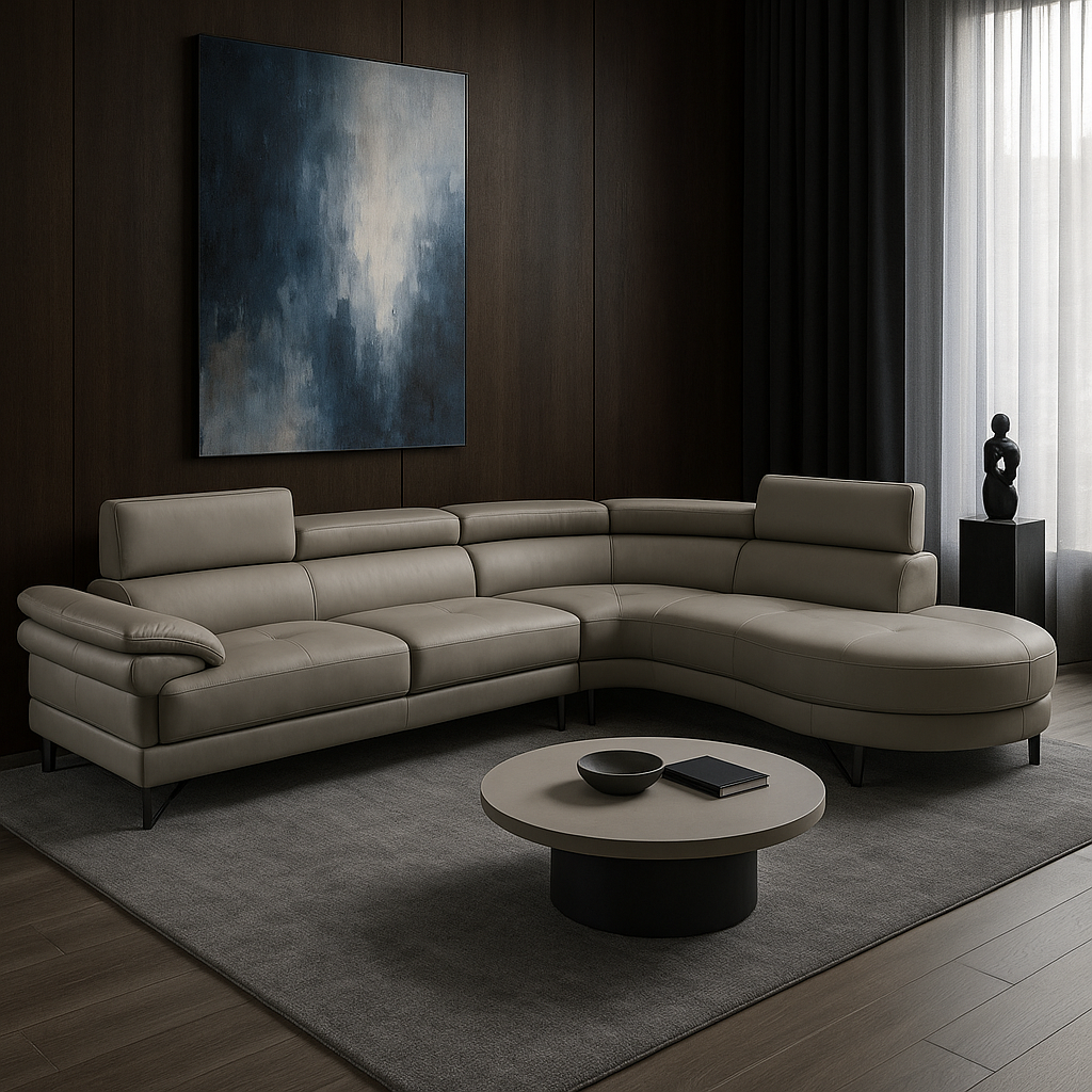 Contemporary Light Grey Bonded Leather L-Shaped Sectional with Adjustable Backs - 4-Seat Luxury Sofa Set
