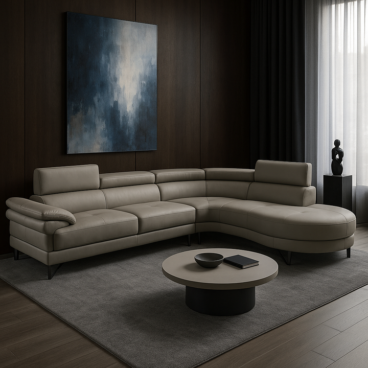 Contemporary Light Grey Bonded Leather L-Shaped Sectional with Adjustable Backs - 4-Seat Luxury Sofa Set