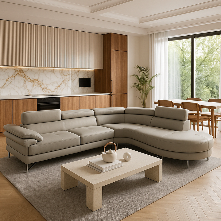 Contemporary Light Grey Bonded Leather L-Shaped Sectional with Adjustable Backs - 4-Seat Luxury Sofa Set