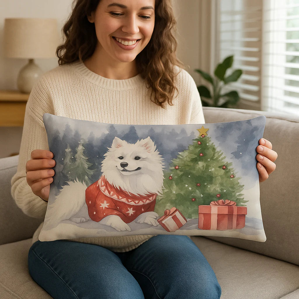 Exclusive Waiting on Christmas American Eskimo Throw Pillow - Premium 12" x 16" Holiday Collection