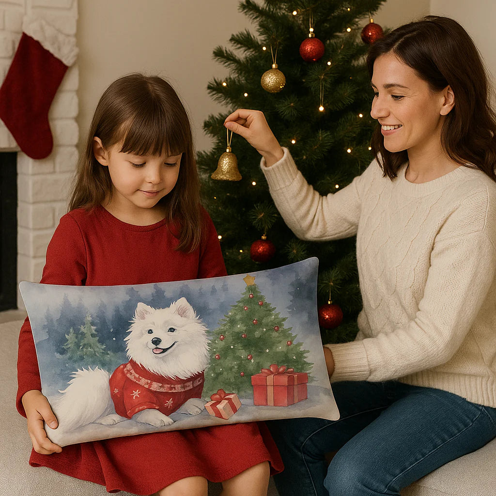 Exclusive Waiting on Christmas American Eskimo Throw Pillow - Premium 12" x 16" Holiday Collection