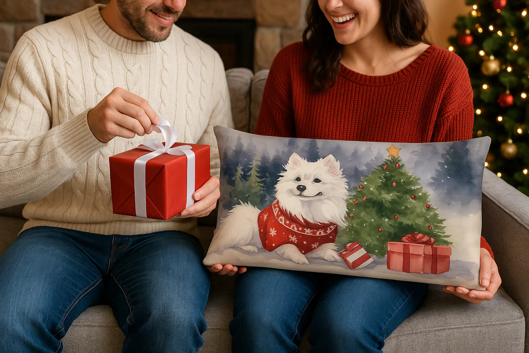 Exclusive Waiting on Christmas American Eskimo Throw Pillow - Premium 12" x 16" Holiday Collection