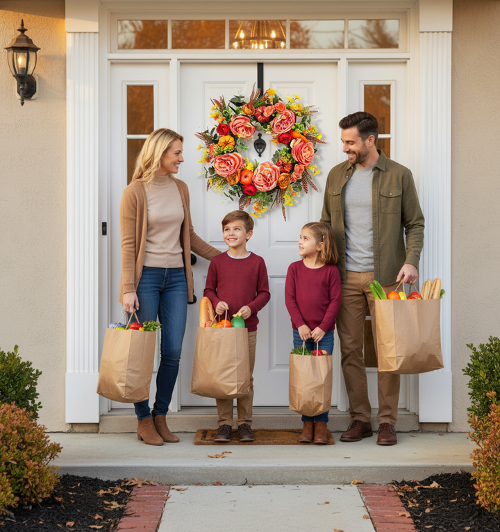 Autumn Peony Pumpkin Harvest Wreath – Artificial Fall Door Decor | Maple Leaf & Berry Wreath | Trufairs