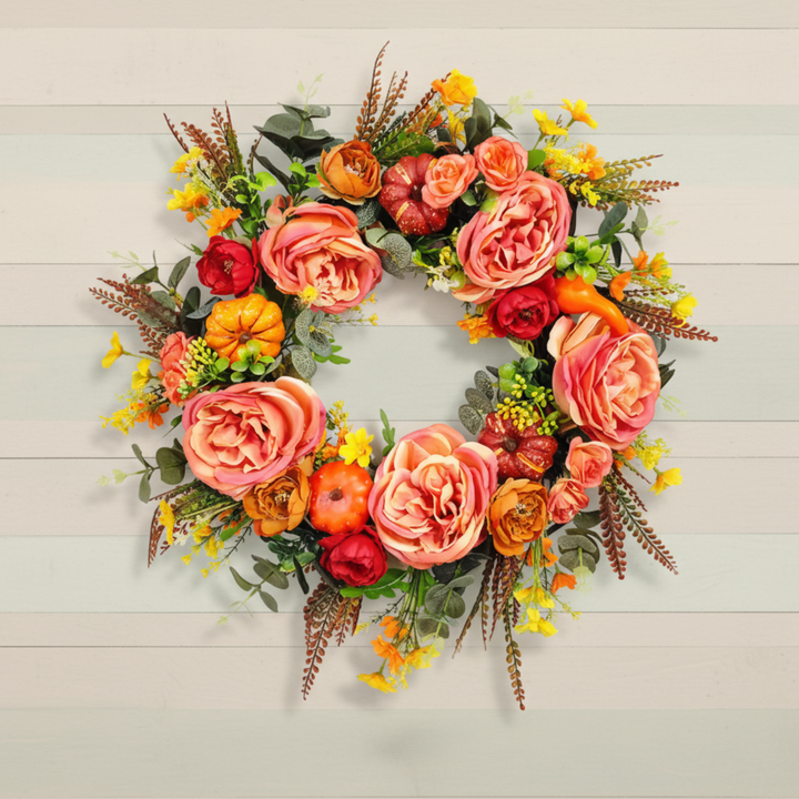 Autumn Peony Pumpkin Harvest Wreath – Artificial Fall Door Decor | Maple Leaf & Berry Wreath | Trufairs
