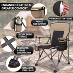 Two campers carrying the foldable camping chair in its carry bag, showing the quick-fold portable design at 9.3 lb