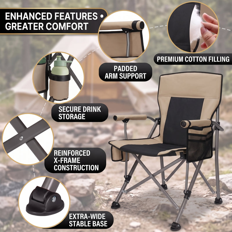 Two campers carrying the foldable camping chair in its carry bag, showing the quick-fold portable design at 9.3 lb