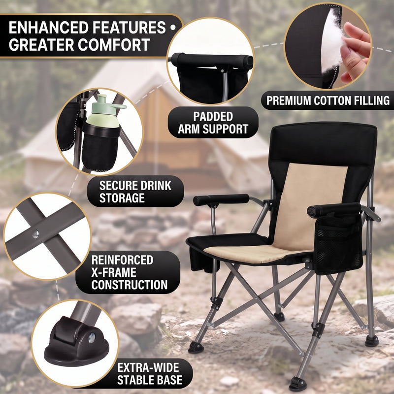 Two campers carrying the foldable camping chair in its carry bag, showing the quick-fold portable design at 9.3 lb