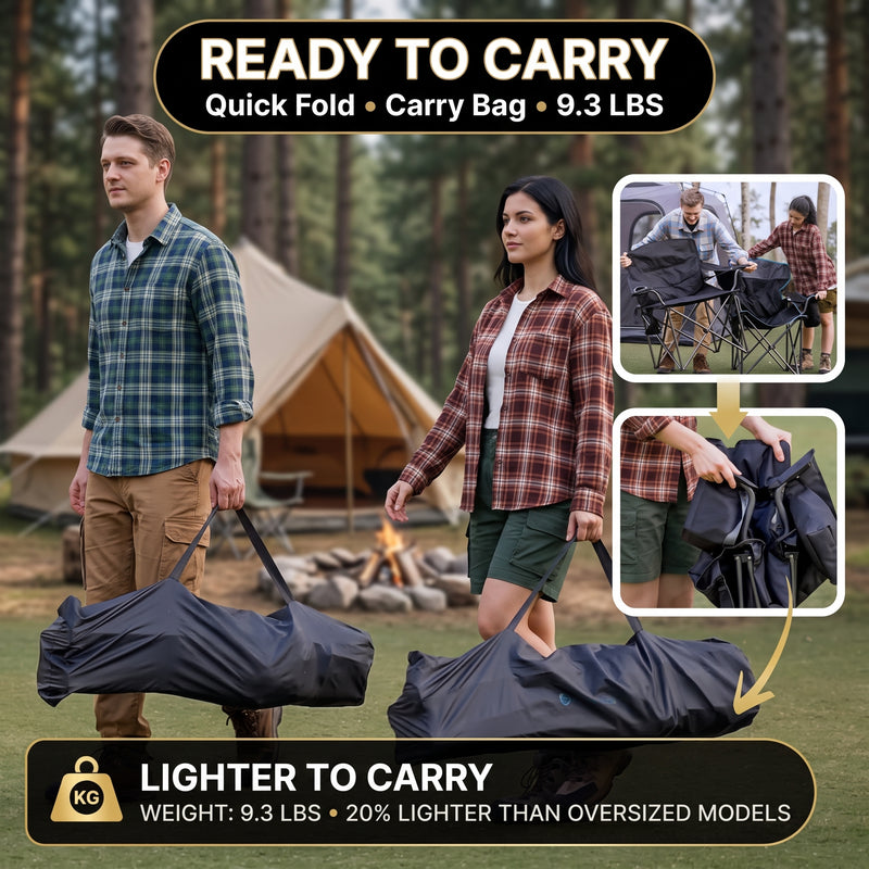 Two campers carrying the foldable camping chair in its carry bag, showing the quick-fold portable design at 9.3 lb