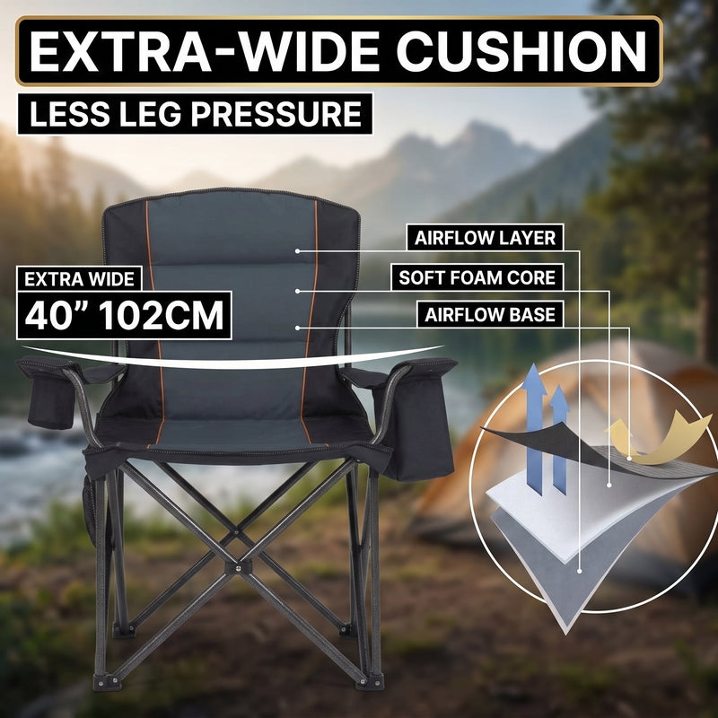 Two campers carrying the foldable camping chair in its carry bag, showing the quick-fold portable design at 9.3 lb