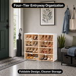 Foldable shoe cabinet with clear front-access doors filled with sneakers and heels