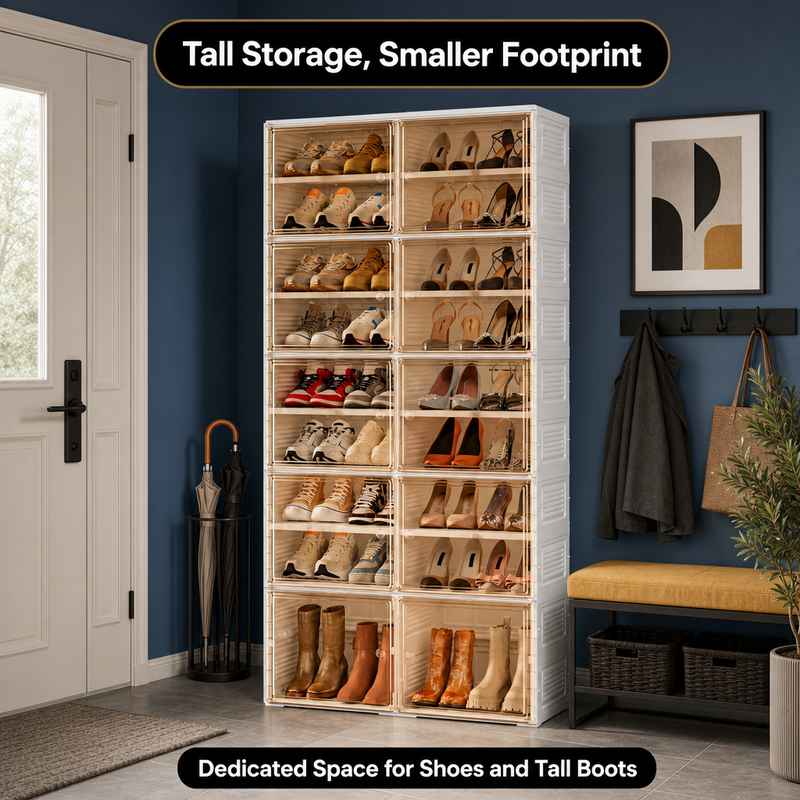 Foldable shoe cabinet with clear front-access doors filled with sneakers and heels