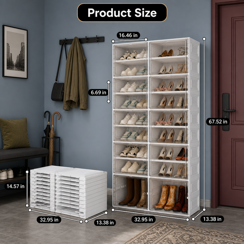 Foldable shoe cabinet dimensions showing assembled and folded measurements
