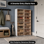 Front view of a foldable shoe cabinet storing shoes in a hallway beside a potted plant