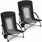 Two navy blue folding beach chairs with mesh back and cup holder