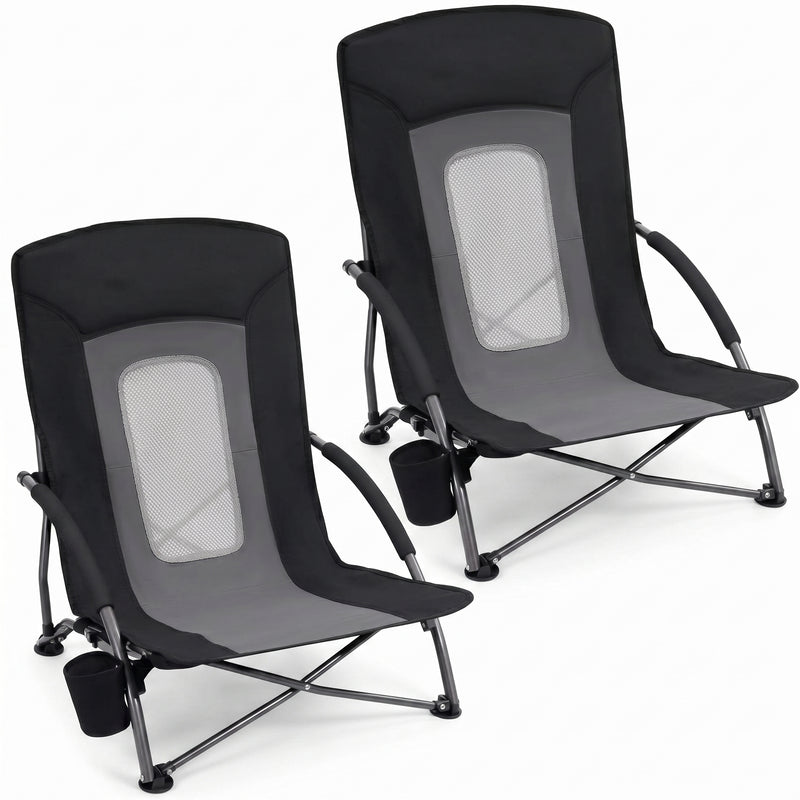 Two navy blue folding beach chairs with mesh back and cup holder