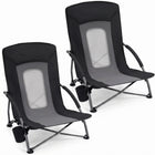 Two navy blue folding beach chairs with mesh back and cup holder
