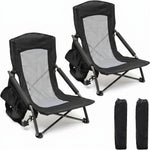 Two navy blue folding beach chairs with mesh back and cup holder
