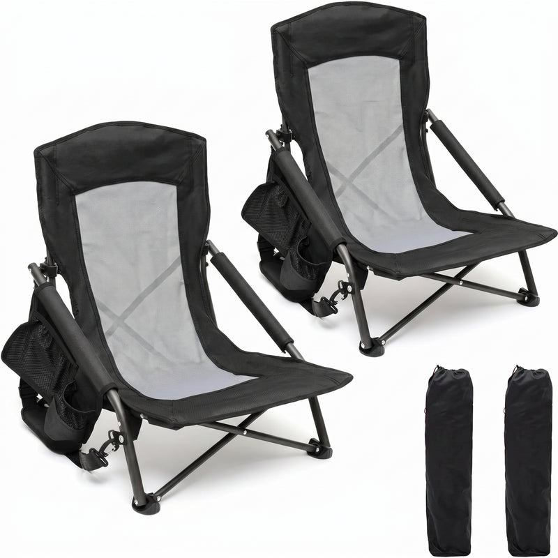 Two navy blue folding beach chairs with mesh back and cup holder