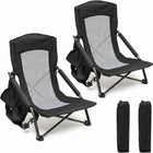 Two navy blue folding beach chairs with mesh back and cup holder