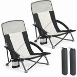 Two navy blue folding beach chairs with mesh back and cup holder