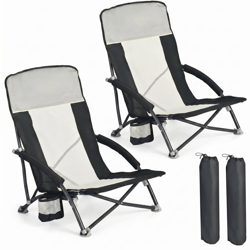 Two navy blue folding beach chairs with mesh back and cup holder