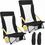 Two navy blue folding beach chairs with mesh back and cup holder