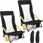 Two navy blue folding beach chairs with mesh back and cup holder