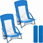 Two navy blue folding beach chairs with mesh back and cup holder