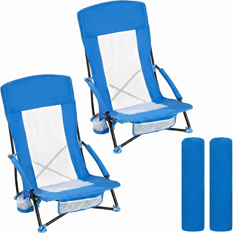 Two navy blue folding beach chairs with mesh back and cup holder