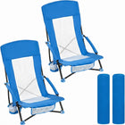 Two navy blue folding beach chairs with mesh back and cup holder