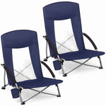 Two navy blue folding beach chairs with mesh back and cup holder
