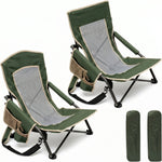 Two navy blue folding beach chairs with mesh back and cup holder