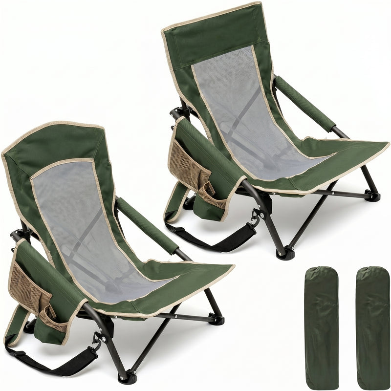 Two navy blue folding beach chairs with mesh back and cup holder