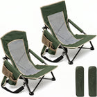 Two navy blue folding beach chairs with mesh back and cup holder
