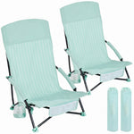 Two navy blue folding beach chairs with mesh back and cup holder
