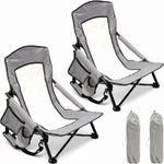 Two navy blue folding beach chairs with mesh back and cup holder