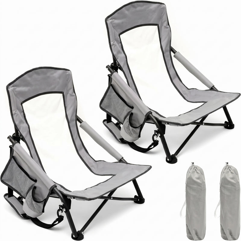 Two navy blue folding beach chairs with mesh back and cup holder