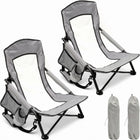 Two navy blue folding beach chairs with mesh back and cup holder