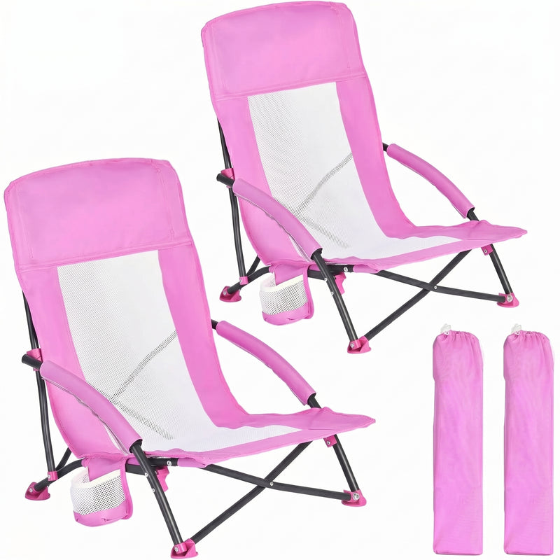 Two navy blue folding beach chairs with mesh back and cup holder