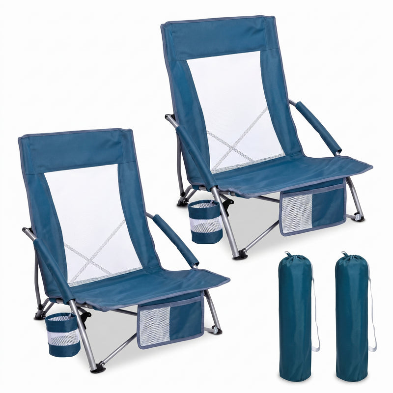 Two navy blue folding beach chairs with mesh back and cup holder