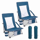 Two navy blue folding beach chairs with mesh back and cup holder