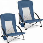 Two navy blue folding beach chairs with mesh back and cup holder