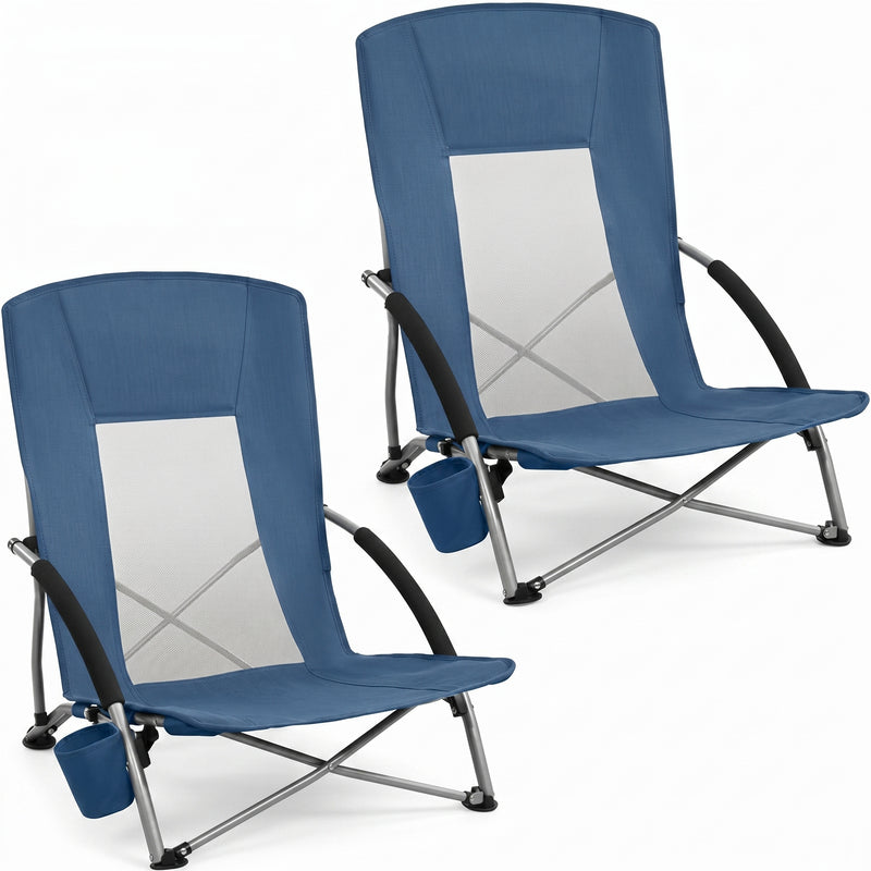 Two navy blue folding beach chairs with mesh back and cup holder