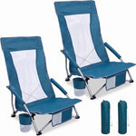 Two navy blue folding beach chairs with mesh back and cup holder
